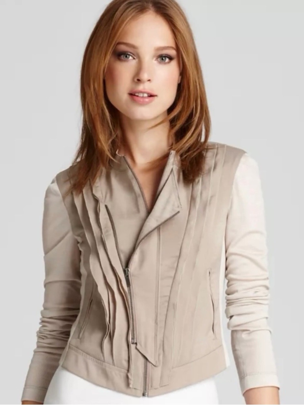 BCBGMaxAzria Taupe Pleated Asymmetrical Zip Leather Jacket